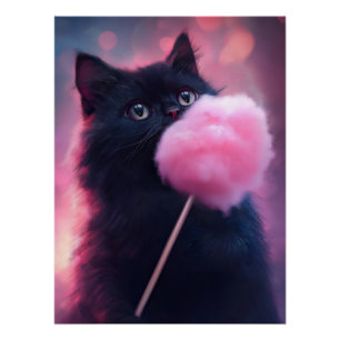 Póster Gato negro con ojos verdes sostiene algodón dulce