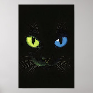 Póster Gato negro con ojos verdes y azules
