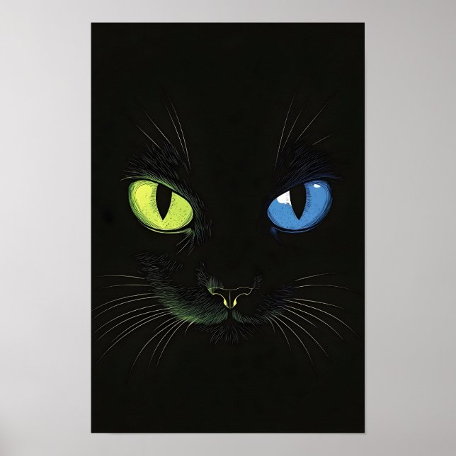 Póster Gato negro con ojos verdes y azules (Frente)