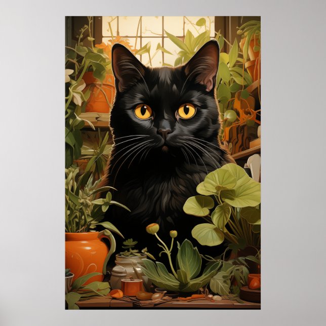 Póster Gato negro con plantas domésticas (Frente)