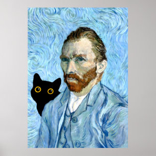 Póster Gato negro con retrato de Van Gogh
