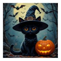 Gato Negro con Sombrero de Bruja Halloween