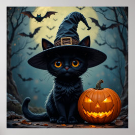 Póster Gato Negro con Sombrero de Bruja Halloween