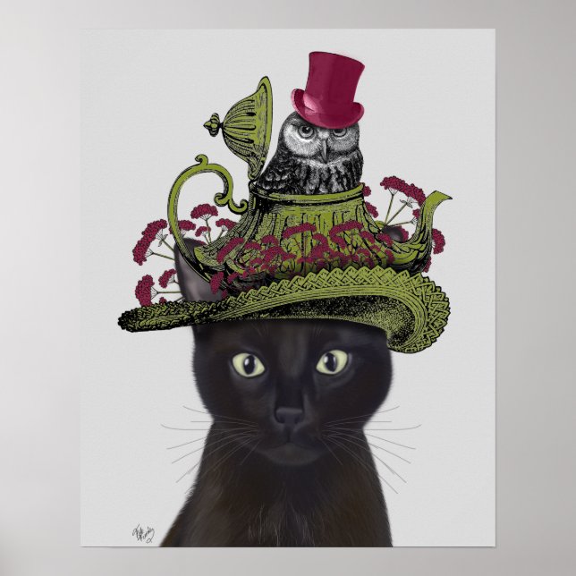 Póster Gato negro con tetera y búho (Frente)