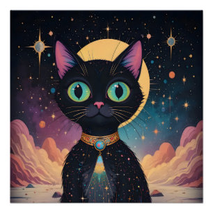 Póster Gato negro cósmico futurista atómico en luz de lun