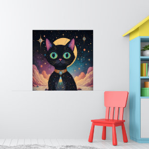Póster Gato negro cósmico futurista atómico en luz de lun