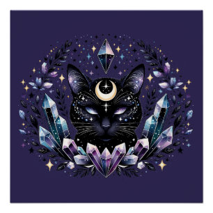 Póster Gato Negro Cristal Esotérico de Fantasía