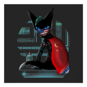Póster Gato negro Cyberpunk Ninja