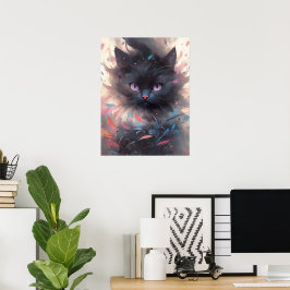 Póster Gato negro de acuarela mística | Gato corto