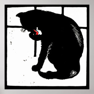 Póster Gato negro de animales de la granja Woodcut de Vic