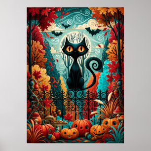 Póster Gato negro de calabaza fantástica bajo la luz de l