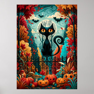 Póster Gato negro de calabaza fantástica bajo la luz de l