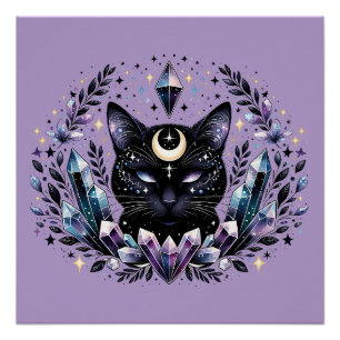 Póster Gato Negro de Cristal Esotérico de Fantasía
