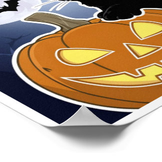 Póster gato negro de halloween con calabaza