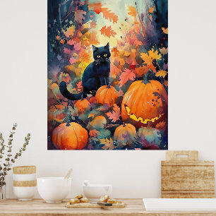 Póster Gato negro de Halloween con calabazas aterradoras