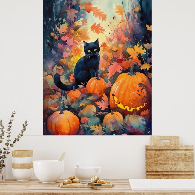 Póster Gato negro de Halloween con calabazas aterradoras (Cocina)