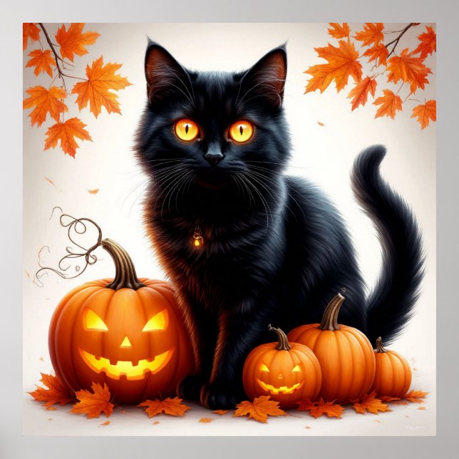 Póster Gato negro de Halloween con escena de parcela de c (Frente)
