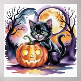 Póster Gato negro de Halloween con linterna Jack-O-Lanter