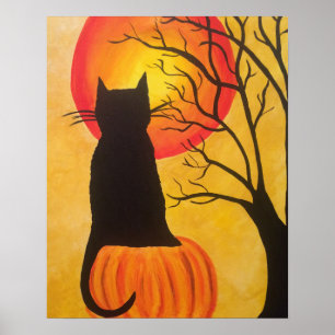 Póster Gato negro de Halloween en la calabaza