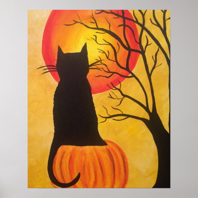 Póster Gato negro de Halloween en la calabaza (Frente)