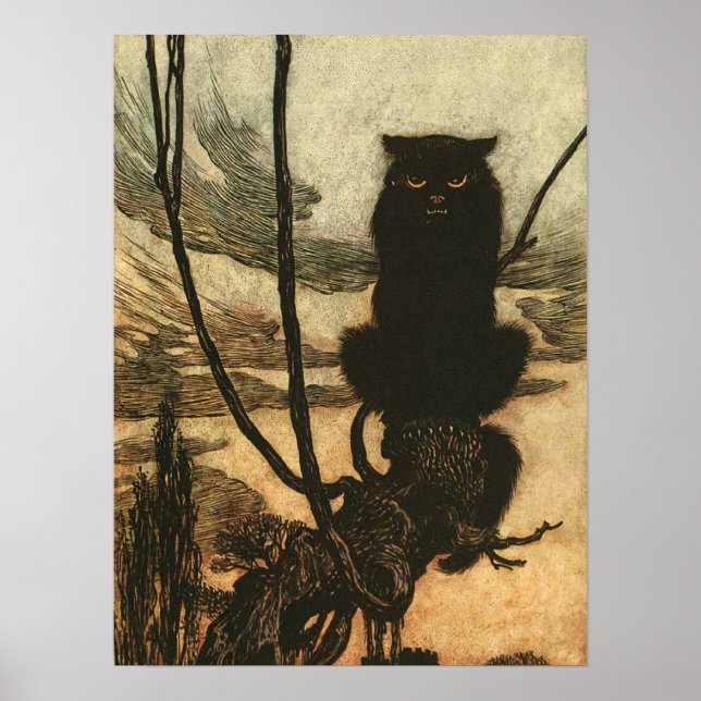 Póster Gato Negro de Halloween Espeluznante Vintage Rackh (Frente)