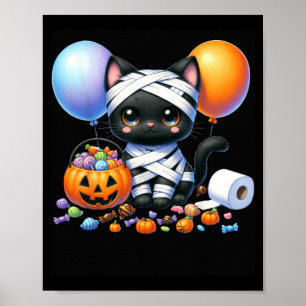 Póster Gato negro de Halloween lindo calabaza truco o tra