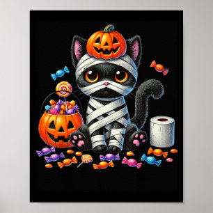 Póster Gato negro de Halloween lindo calabaza truco o tra
