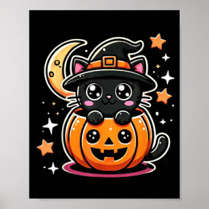 Póster Gato negro de Halloween lindo en calabaza con somb