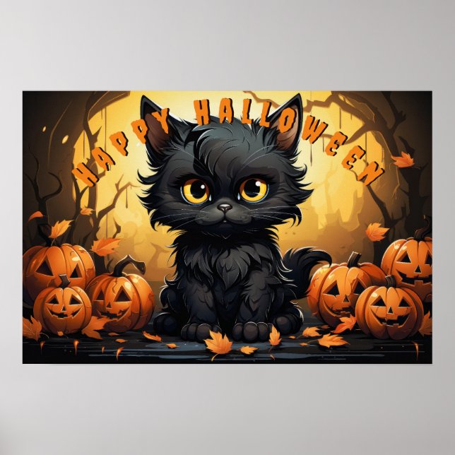 Póster Gato Negro De Halloween Sentado Con Linternas Jack (Frente)