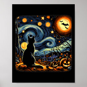 Póster Gato negro de Halloween Van Gogh Noche estrellada