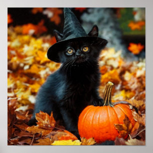 Póster Gato negro de Halloween y calabaza