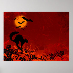 Póster Gato negro de Halloween y murciélagos