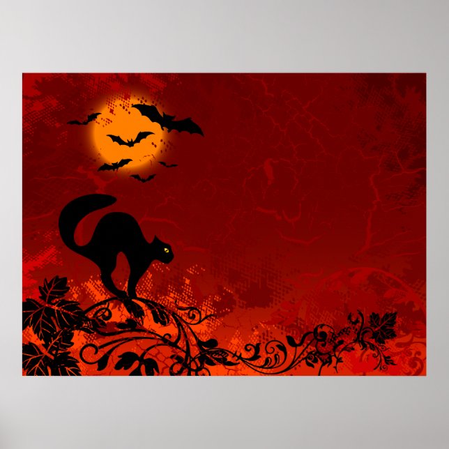 Póster Gato negro de Halloween y murciélagos (Frente)