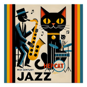 Póster Gato negro de la era del jazz de mediados de siglo