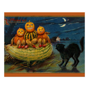 Póster Gato negro de la fiesta de Halloween vintage
