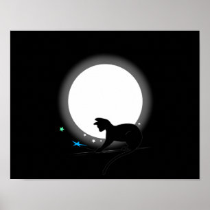 Póster Gato negro de la luna y estrellas