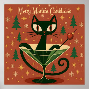 Póster Gato Negro de Martini Navideño de Mitad de Siglo