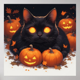 Póster Gato negro de ojos naranjas Tema de calabaza de Ha