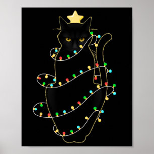 Póster Gato negro de Santa enredado en luz de árbol de Na