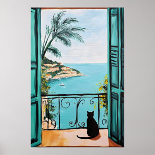 Póster Gato Negro Disfrutando del Hermoso Mar