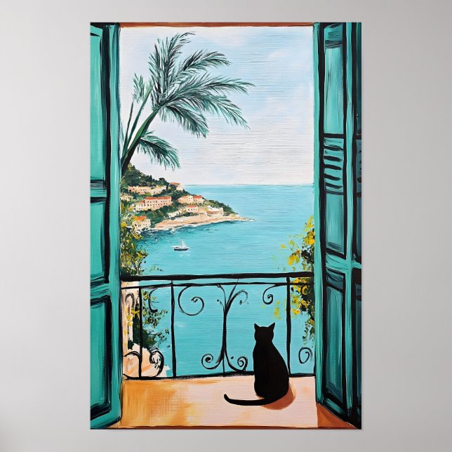 Póster Gato Negro Disfrutando del Hermoso Mar (Frente)