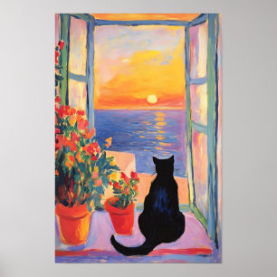 Póster Gato negro disfrutando la vista al mar