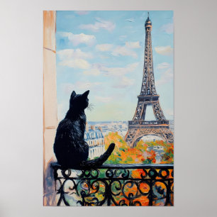 Póster Gato negro disfrutando la vista de la Torre Eiffel