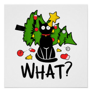 Póster Gato Negro Divertido Árbol de Navidad Alegre Santa