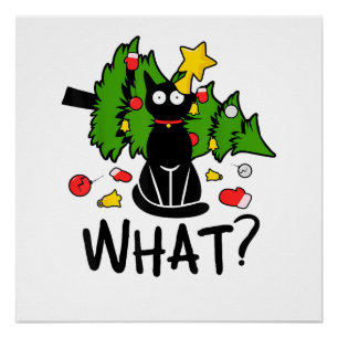 Póster Gato Negro Divertido Árbol De Navidad Alegre Santa