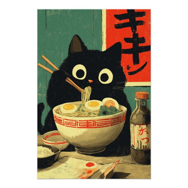 Póster Gato negro divertido comiendo Ramen (Anverso)