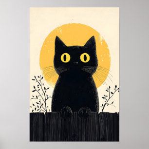 Póster Gato negro divertido con luna llena
