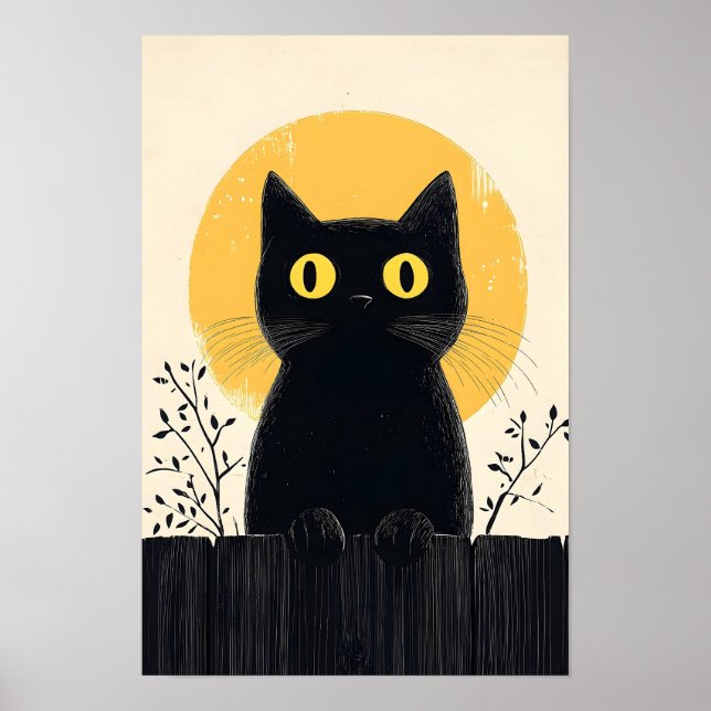 Póster Gato negro divertido con luna llena (Frente)