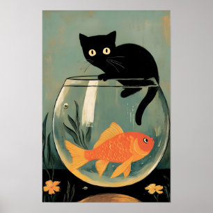 Póster Gato negro divertido con pescado