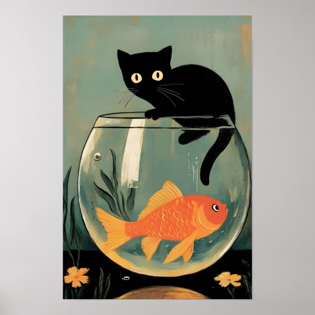 Póster Gato negro divertido con pescado (Frente)